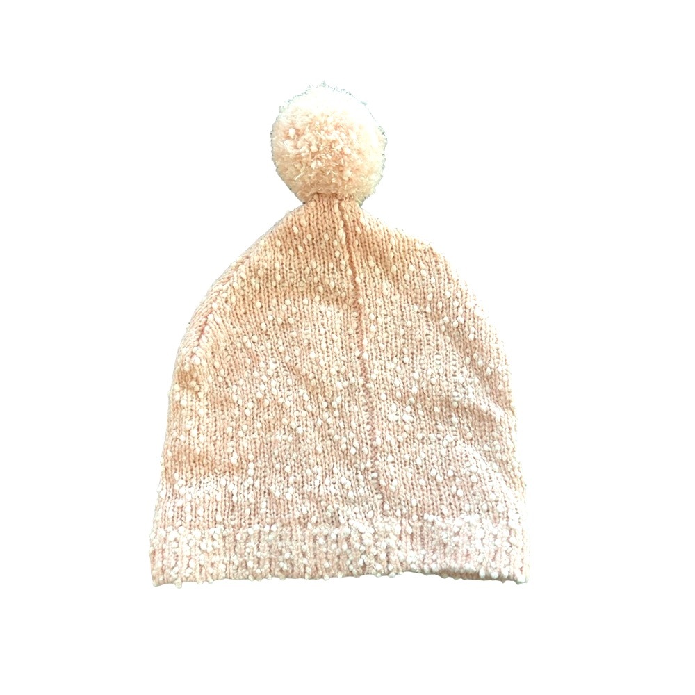 New York & Company Beanie Pom Pom Cable Knit Hat Pink Peach White Textured EUC